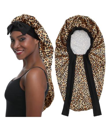 Sengterm long satin hair hood girls silky hat women long satin adjustable sleeping hat to sleep extra big satin sleeping cap for women long curls hair l-xl leopard