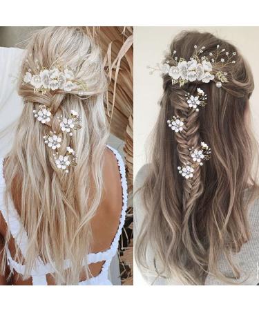 Bridal Flower Wedding Hair Pins - Crystal Pearl Clips Headpiece for Brides - Gold Hair Accessories with Rhinestone - Pure White Flower - 5 Count - Buy Online on GoSupps.com