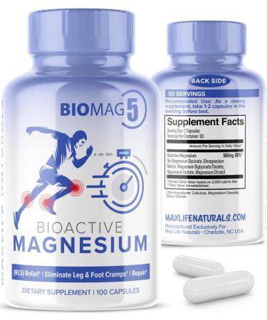 BioMag 5 Magnesium Complex Supplement for Women and Men 100 Capsules - Formulated in USA - BioActive and BioAvailable Magnesium Glycinate Malate Citrate Orotate and Biglycinate Chelate Supplements