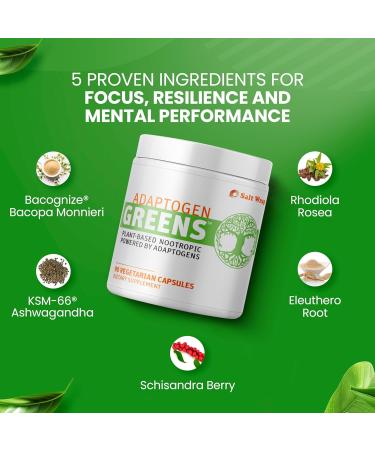 SaltWrap Adaptogen Greens - Mind-Body Resilience Formula - Caffeine-Free Nootropic for Stress Focus and Cognitive Performance - 90 Capsules - Buy Online on GoSupps.com