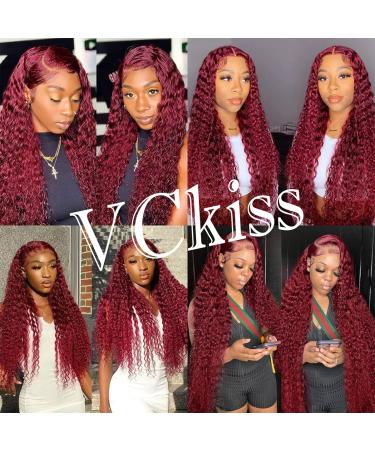 VCkiss Burgundy Deep Wave Lace Front Human Hair Wig 99j 13x4 HD Lace Frontal 160% Density for Black Women - Wet & Wavy Red Curly Hair, Pre-Plucked Brazilian Virgin Hair - Buy Online on GoSupps.com
