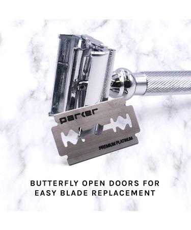 Parker 99R - Long Handle Heavyweight Butterfly Open Double Edge Safety Razor for Men + 5 Premium Platinum Blades - Buy Online on GoSupps.com