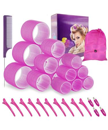 TINGIC Hair roller set 18 pcs,Jumbo Hair Curlers Rollers with Clips,Self grip hair roller set,Hair rollers for Long hair,Medium and Short hair,DIY rollers hair curlers,3 Sizes Rose red Hair Rollers in one set