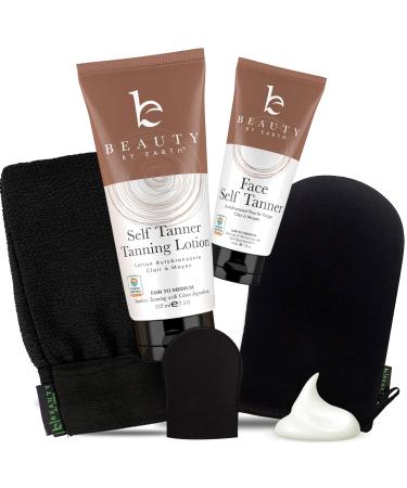 Tanning Lotion Self Tanner Kit - USA Made with Organic & Natural Ingredients Self Tanning Lotion Face Tanner & Application Kit Non Toxic Gradual Tan Lotion Sunless Tanning Lotion for Women & Men Fair to Medium 5 Piece Set