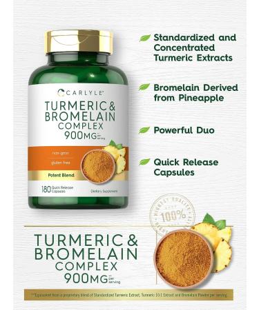 Carlyle Turmeric and Bromelain Supplement 900mg - 180 Capsules | Curcumin Complex, Non-GMO, Gluten Free - Buy Online on GoSupps.com