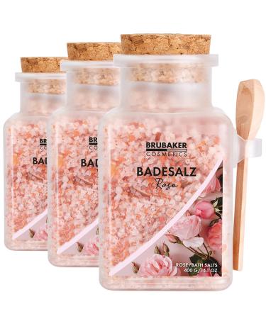 Brubaker swimming salt 3x 400 g - rose fragrance - bathing additive with flowers and natural extracts - wellness bathing for relaxation relaxation and body care with practical wood measuring spoon
