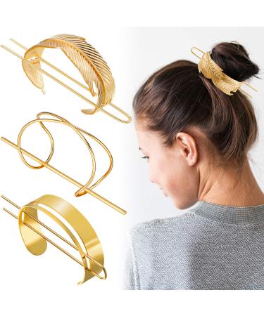 3 Pieces Hair Bun Clip Set, Includes Feather Hair Cuff Bun, X Shaped Hair Cuff Bun and Round Top Hair Cuff Bun Hair Stick Hair Bun (Gold)