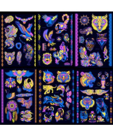 Luminous Fluorescent Tattoos  Neon Glow in The Dark Temporary Tattoos  Glow UV Neon Body Face Animal Tiger Lion Wolf Fake Tattoo Body Art for Women Party Rave Makeup