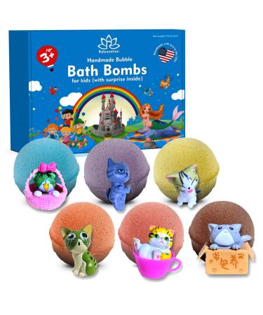 Bath Bombs Set for Kids with Toys Inside - Surprise Cute Cats Inside Each Fizzy Ball - Natural and Safe for Girls, Boys, Teens - Perfect for Gift - Handmade in USA