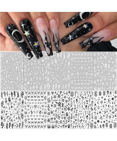 10 Sheets Black White Nail Art Stickers Gothic Nail Decals 3D Goth Snake Rose Flower Butterfly Eye Fishbone Star Moon Nail Sticker Designer Nail Art Supplies French for Acrylic Nails Art Decoration - Buy Online on GoSupps.com