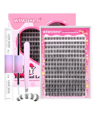 wiwoseo Russian Cluster Lashes Kit Lash Individual Cluster Eyelash Extensions D Curl Cluster Lashes Glue Bond and Seal Natural Lash Extension Kit for Beginners DIY at Home(0.07d 8-16MM) M-cluster lashes kit 8-16MM