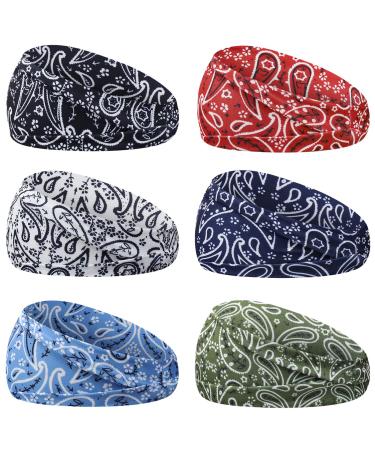 YARIEW 6Pcs Headbands Paisley Bandanas Head Bands Sweat Band Hair Wrap Headwrap Fashion Boho Wide Thick Workout Yoga Elastic Headbands Mens Cooling Running Sports Headband Sweatbands for Women and Men