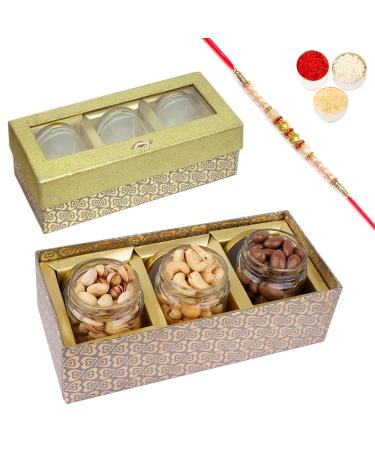 Jaiccha Ghasitaram Rakhi Gifts for Brothers Box with 3 Jars of Chocolate Coated Almonds Roasted Cashews and Pistachios with Pearl Rakhi Box of 3 Jars & Choco Almonds Kaju Pista & Rakhi