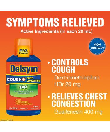Delsym Max Strength Cough Plus Chest Congestion DM Liquid Cherry 6 fl. oz - Relieves Cough, Congestion, and Thins Mucus - Pack of 1 - Buy Online on GoSupps.com