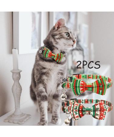 Casidoxi 2 Pack Cat Christmas Collars with Bell - Xmas Plaid Bowtie + Reindeer & Xmas Tree Stripe - Breakaway Safety Collars for Kittens - Buy Online on GoSupps.com
