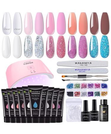 wakaniya Nail Gel Kit with Lamp 10 Colours 4 Glitter Quick Poly Nail Extension Gel Easy Gel Nail Kit with Rhinestones Slip Solution Manicure Tools DIY French Ombre Nails Silver Teal Brown Pink Series A