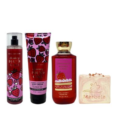 Bath & Body Works Strawberry Pound Cake 3 Piece Set - Fragrance Mist - Body Cream and Shower Gel - with a Himalayan Salts Springs Bar Soap - Full Size
