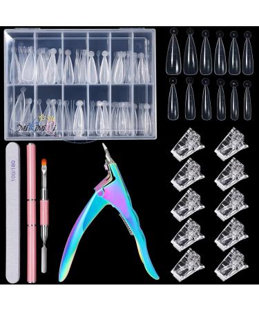 MIKIMIQI Dual Nail Forms Set Poly Gel Quick Building Nail Kit, 120Pcs Stiletto Gel Nail Molds with 10Pcs Nail Tips Clips, Nail Tips Clipper Trimmer, Dual-Ended Poly Extension Gel Brush, Nail File