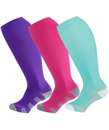 Wide Calf Compression Socks for Women & Men Extra Large Size Support Socks for Nurses Running Pregnant Travel, 15-20 mmHg 3 Pairs D Large