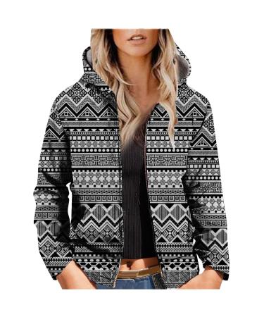 Yihaojia Men/Womens Western Aztec Print Fleece Jacket Vintage Print Sherpa Fleece Lined Short Jackets Zip Up Hoodie Winter Gray#23 Medium