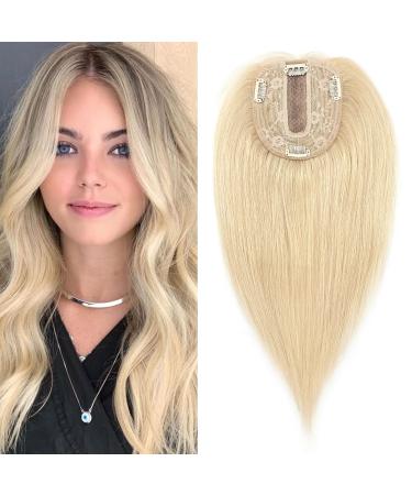 6" SEGO Hair Toppers for Thinning Hair Women Real Remy Human Hair 2.5 * 9cm CENTRAL SILK BASE One Piece Clip in Hairpieces Extension 130% Density (#613 Bleach Blonde)