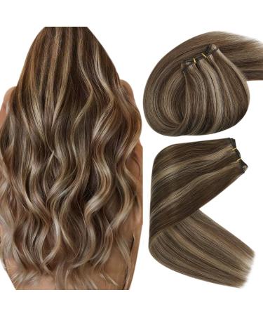 Sunny Sew in Hair Extensions Real Human Hair Brown Weft Hair Extensions Highlights 22inch Bundle Weft Real Hair Extensions Dark Brown Mix Caramel Blonde Sew in Extensions 100g 22 Inch #4/27 Dark Brown Highlights Blonde