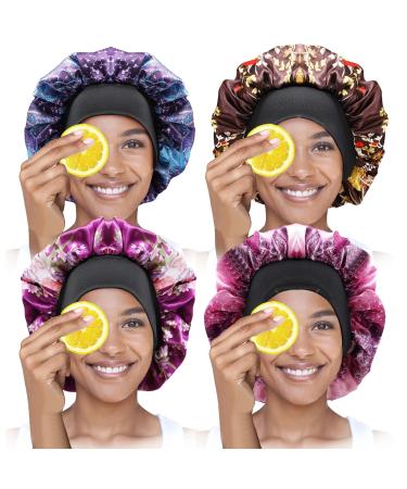 4Pcs Large Satin Bonnet Silk Bonnet Hair Bonnet for Curly Hair Big Sleep Cap for Women Hair Care Jumbo Bonnet for Braids Natural Long Hair (Coffee+Purple+Light Purple+Blue)