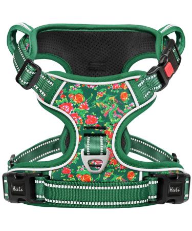 Heele dog harness breast harness for dogs running harness dog with lockable snap lock adjustable reflective dog harness open on the neck anti-train harness floral green XL XL-breast size: 53-97cm floral-green lock