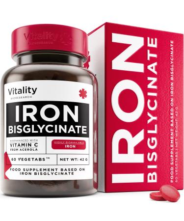 Iron Bisglycinate - Vegan Iron Supplements for Women & Men - Relieve Fatigue and Tiredness with Combination of 60 Iron and Vitamin C Tablets Strong Iron Supplements Gentle Iron Tablets High Strength