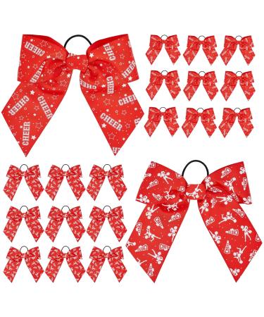 20 Pack 8 Inch Cheer Bows for Cheerleaders Elastic Ponytail Holders for Women and Girls Large Bulk Polyester Hair Ribbons for Softball Volleyball Gymnastics (2 Designs Red) Red and white