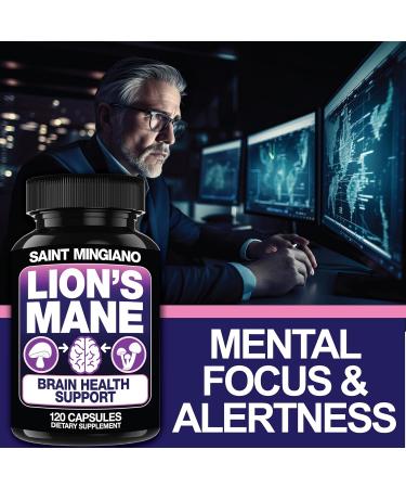 Saint Mingiano Lion's Mane Mushroom Supplement | 120 Capsules: Alpha Brain Enhancement of Cognitive Clarity Focus with Our Specialty Blend 4 Mushroom Mycelium Formula - Buy Online on GoSupps.com