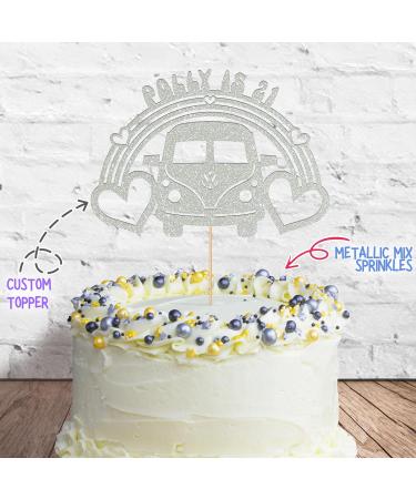 Cakeshop Cake Decoration Pack | Campervan 60s Theme Premium Double Sided Glitter Card Cake Topper & 25g Party Pack of Cake Sugar Sprinkles | Custom Name & Age Cake Decorations (Light Silver) Prime Glitter Card: Light Silver - Buy Online on GoSupps.com