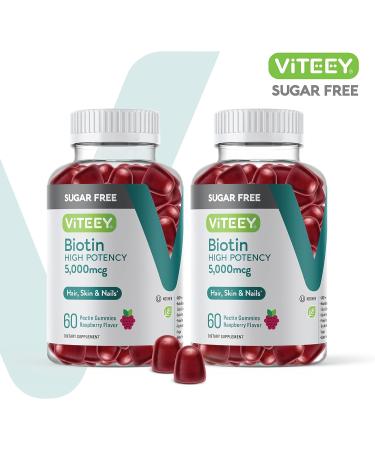Vegan Sugar Free Biotin Gummies 5,000mcg for Hair, Skin & Nail Health - 60 Count (Pack of 2) - Buy Online on GoSupps.com