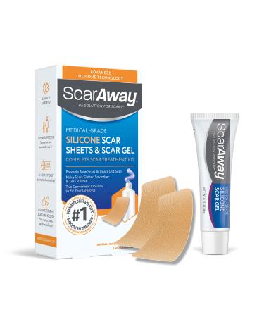 ScarAway Complete Scar Treatment Kit Clinically Supported Scar Treatment (2) Tan Medical-Grade Silicone Scar Sheets (1.5 x 3) and Silicone Scar Gel (0.35 Oz) Water-Resistant & Self-Adhesive