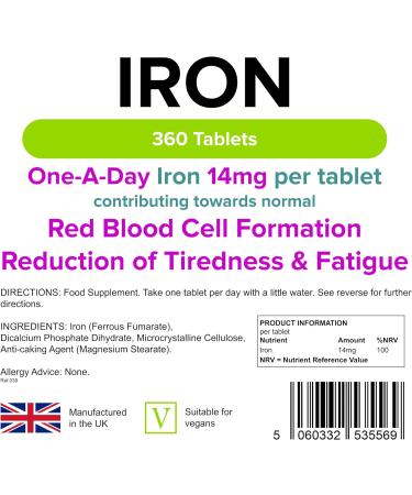 Lindens Iron 14mg Tablets - 360 Vegan Tablets | Boost Energy & Reduce Fatigue | Supports Healthy Blood Cells & Oxygen Transport | Made in the UK | 1 Year Supply - Buy Online on GoSupps.com