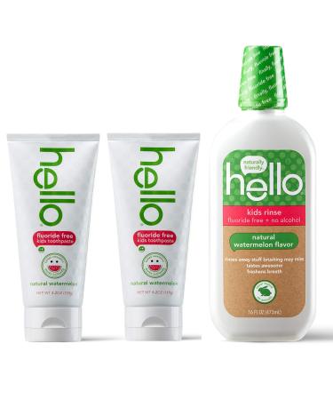 Hello Natural Watermelon Flavor Kids Fluoride Free Toothpaste and Mouthwash, Vegan, Alcohol Free, SLS Free, Gluten Free, 4.2 Ounce Toothpaste Tubes (Pack of 2), 16 Fl Oz Mouthwash Bottle 2 pastes + rinse