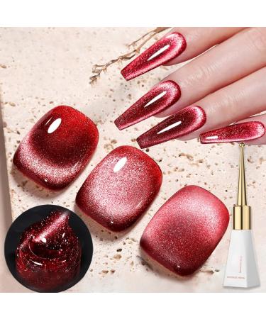 Jelly Cat Eye Gel Nail Polish Red Glitter Crystal Gel Polish Glitter Red Magnetic Nail Polish Soak Off UV/LED Sparkle Shiny Holographic Cat Eye Gel Polish for Nail Art Manicure Salon DIY at Home