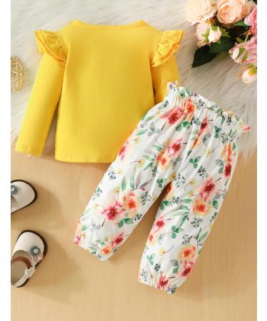 Puseky Toddler Baby Girls Cute Letter Print Long Sleeve Shirt Floral Pant Outfit Set 4-5 Years Yellow + Floral - Buy Online on GoSupps.com