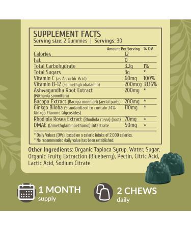 HERBAMAMA Brain Support Gummies Brain Focus Supplements for Adults with Ashwagandha Bacopa Monnieri Vitamin C & B12 Vegan Non-GMO Calming Gummies 60 Pectin-Based Blueberry-Flavored Chews - Buy Online on GoSupps.com