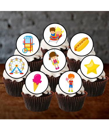 24 Fun Fair Carnival Theme Edible Cupcake Toppers - Stand Up Disc Wafer Cake Decorations - Buy Online on GoSupps.com