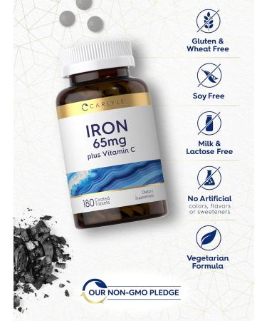 Carlyle Iron Supplement 65 mg with Vitamin C | 180 Tablets | 300mg of Vitamin C | Vegetarian Non-GMO and Gluten Free - Buy Online on GoSupps.com