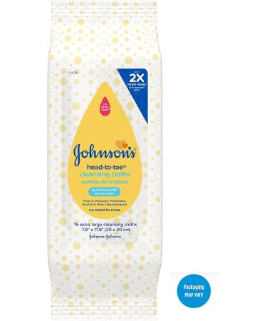 Johnson's Head-to-Toe Baby Cleansing Cloths - Hypoallergenic, Pre-Moistened, Paraben-Free - 15 Count Pack - Buy Online on GoSupps.com