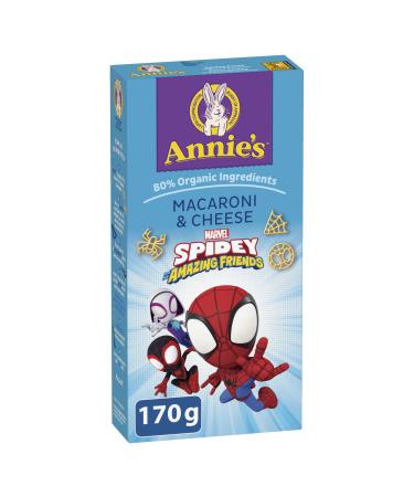 ANNIE'S - MACARONI AND CHEESE Marvel Spidey and His Amazing Friends No Artificial Flavours or Synthetic Colours Contains Real Cheese and Milk Ingredients 80% Organic Ingredients 170 Grams Package