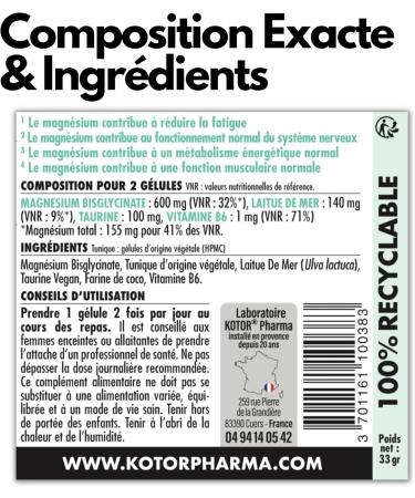 Pack of 3 Magnesium Bisglycinate | 100% Natural and French | Fatigue Stress Sleep Sport + Sea Lettuce + Vitamin B6 + Taurine | 60 Capsules | KOTOR PHARMA laboratory - Buy Online on GoSupps.com
