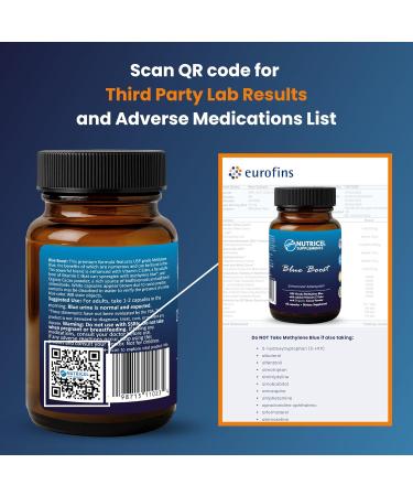 Nutricel Methylene Blue Capsules - Pharmaceutical Grade Supplement - Trusted Made in America Brand - 12mg (USP Reference Compliant) with Vitamin C Ester Enhanced Absorption - Third Party Tested (60ct) - Buy Online on GoSupps.com