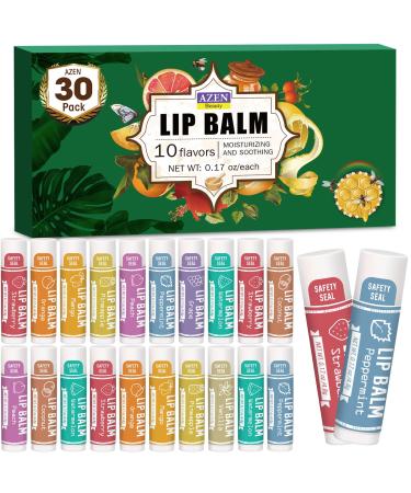 AZEN 30 Pack Lip Balm Natural Lip Balm Bulk Lip Care Product Moisturizing Lip Balms for dry cracked lips Valentines Gifts Easter Basket Stuffers - 10 Flavors A-30