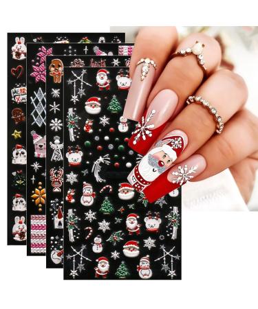 JMEOWIO 3D Embossed Christmas Glitter Nail Art Stickers Decals Self-Adhesive 5D Snowflake Xmas Winter Holiday Santa Cute Nail Supplies Nail Art Design Decoration Accessories 4 Sheets