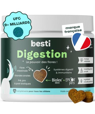 BESTI - Digestion | 75 Premium Food Supplements for Dogs | Probiotics Prebiotics Postbiotics | Intestinal Flora | French Brand - Veterinary Formula | With Chicken | 300 GR