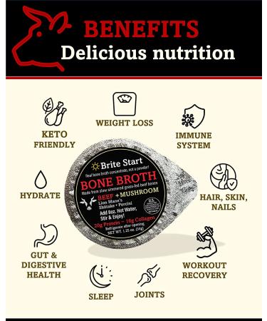 Brite Start Beef + Mushroom Bone Broth - 4 Pack Keto Friendly Concentrate - 16g Collagen 20g Protein - Grass Fed Beef Bones - Single Serve Packets 1.25oz - Buy Online on GoSupps.com