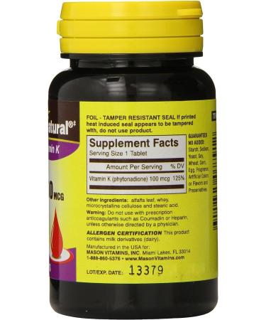 Mason Natural Vitamin K 100mcg Tablets - 100 Count - Buy Online on GoSupps.com